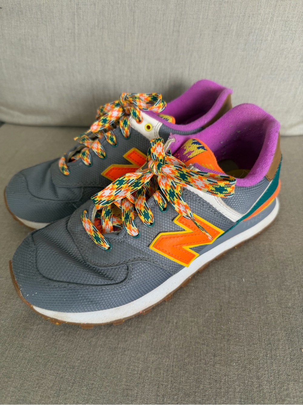 New Balance Gray Sneakers with Orange and Purple Accents